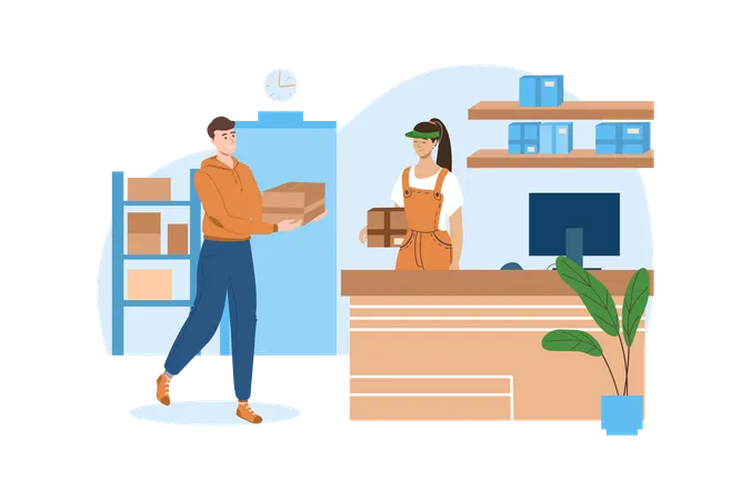Post Office Blue Concept With People Scene In The Flat Cartoon Style Man Picks Up A Parcels From The Post Office Vector Illustration Illustration