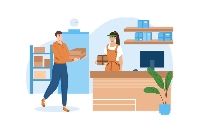 Man picks up a parcels from the post office  Illustration