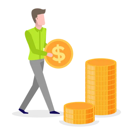 Man Carrying Golden Coin In Hands With Dollar Sign Making Stack Of Saved Earnings Vector Money Savings Male Character And Pile Of Gold Investments Illustration