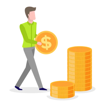 Man piling stack of dollar coin  Illustration