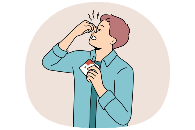 Man pinches bleeding nose and holding bloody handkerchief due to high blood pressure  Illustration