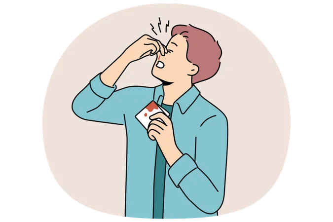 Man pinches bleeding nose and holding bloody handkerchief due to high blood pressure  Illustration