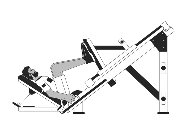 Man Placing Feet On Leg Press Machine Flat Line Black White Vector Character Editable Outline Full Body Person Training Gluteus Exercise Simple Cartoon Isolated Spot Illustration For Web Design Illustration