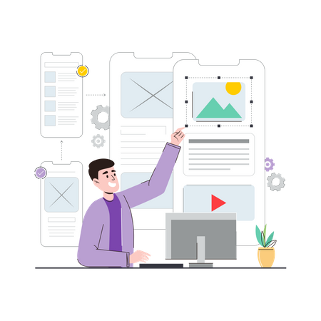 Man placing UI-UX design elements on application  Illustration