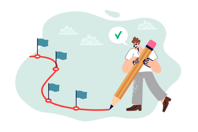 Man planing future by drawing route to move forward and setting small goals to achieve big goal  Illustration