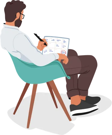 Efficient Time Management Vector Concept Man Plans Schedule Sitting On Chair Maximizing Productivity Prioritizing Tasks And Optimizing Time Allocation For Enhanced Organization And Productivity Illustration