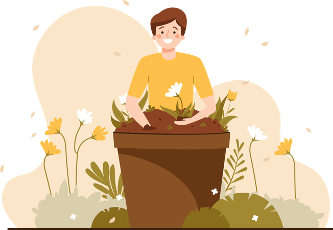 Man Planting A Plant In A Pot  Illustration