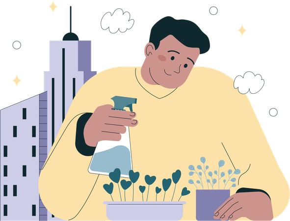 Man planting and watering sprout on balcony  イラスト