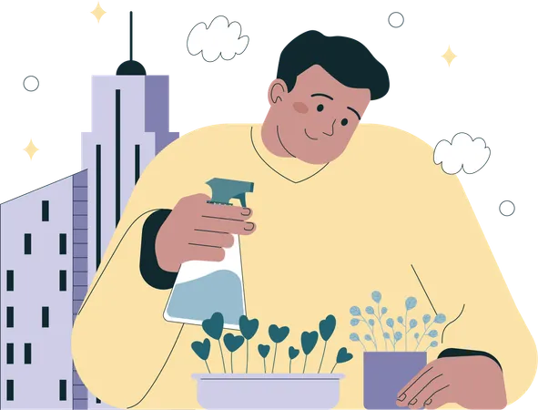Man planting and watering sprout on balcony  Illustration