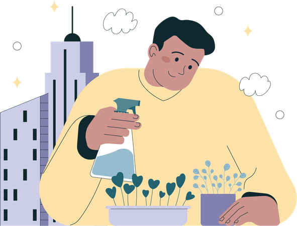 Man planting and watering sprout on balcony  Illustration