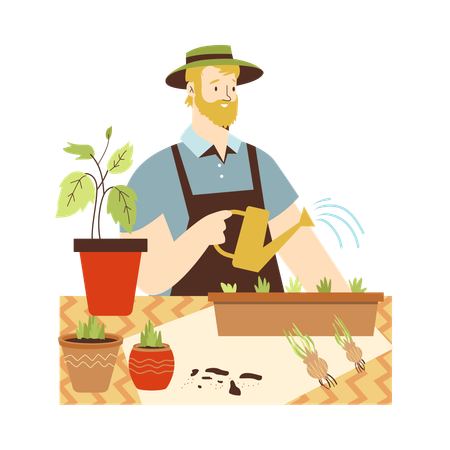 Man planting edible plants and herbs  Illustration