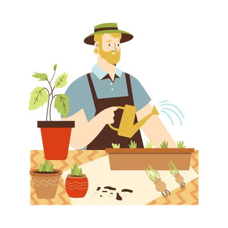 Man planting edible plants and herbs  Illustration