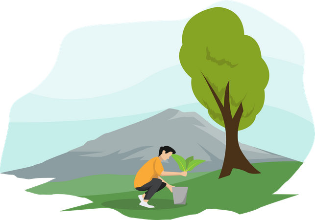Man planting plant in park Illustration