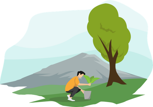 Man planting plant in park  Illustration