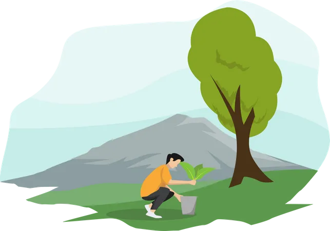 Man planting plant in park  Illustration