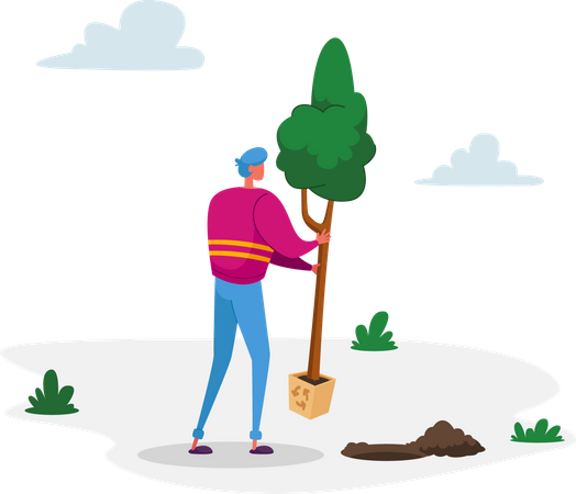 Man Planting Tree to Ground in Garden Illustration