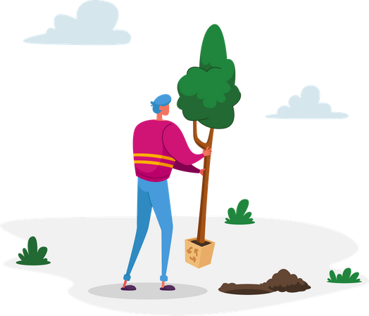 Man Planting Tree to Ground in Garden  Illustration