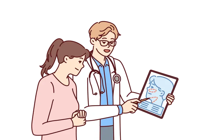 Man plastic surgeon consults woman patient demonstrating tablet with ways to tighten skin  Illustration