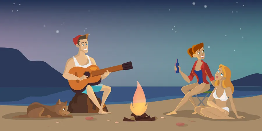 Summer Camp On The Beach Touris At The Campfire Play Guitar And Relax Exotic Landscape Outdoor Activity On Vacation Vector Cartoon Illustration Illustration