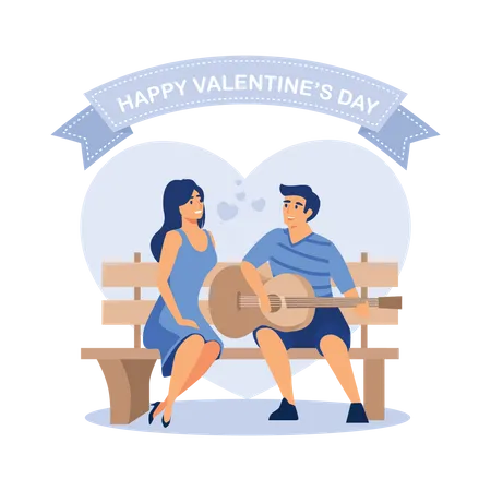 Man play guitar for his girlfriend on valentine's day in park Illustration