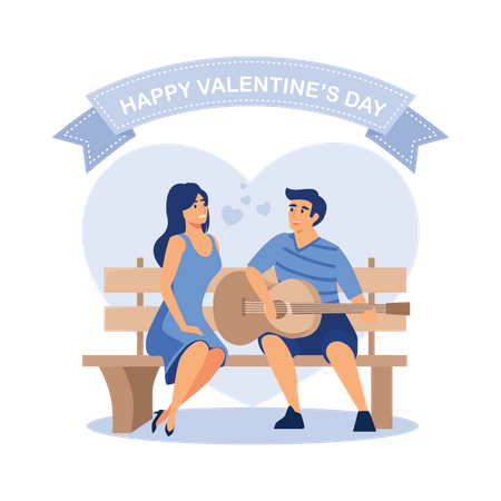 Man play guitar for his girlfriend on valentine's day in park  Illustration