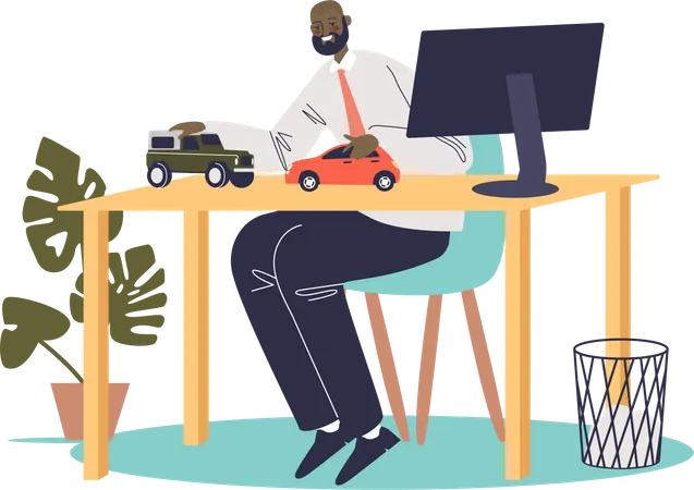 Adult Man Play With Toy Car Models On Workplace Serious Businessman Office Worker Dream Of Buying Vehicle Men And Love To Automobile Concept Cartoon Flat Vector Illustration Illustration