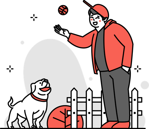 Man Playing Ball with  Dog  Illustration