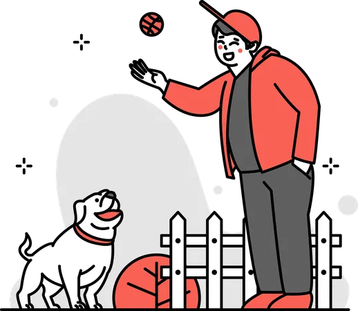 Man Playing Ball with  Dog  Illustration