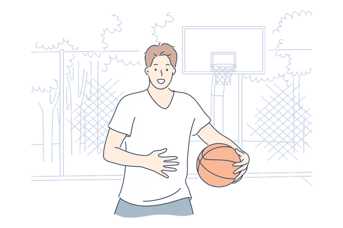 Man Playing Basketball Concept Young Happy Man Boy Teenager Athlete Cartoon Character Standing With Ball Game On Field Looking Straight At Camera Sport Recreation And Active Lifestyle Illustration Illustration