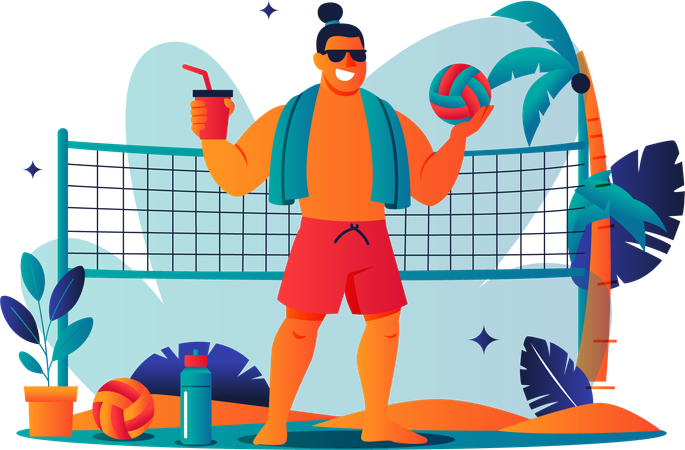 ビーチバレーをする男性  イラスト