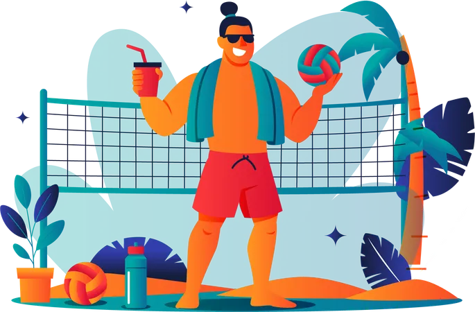 ビーチバレーをする男性  イラスト