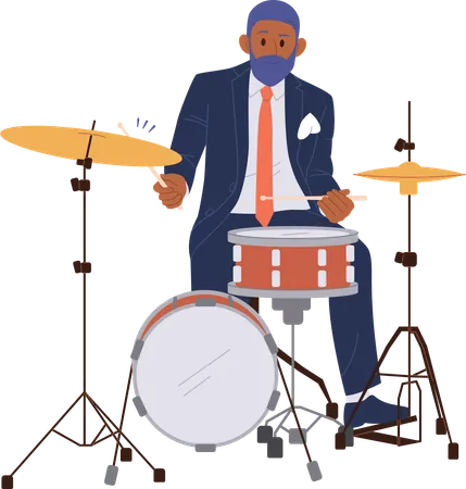 Jazz Man Cartoon Character Playing At Drum Kit Percussion Instrument Isolated On White Background African American Male Drummer Performing Solo At Retro Music Concert Flat Vector Illustration Illustration