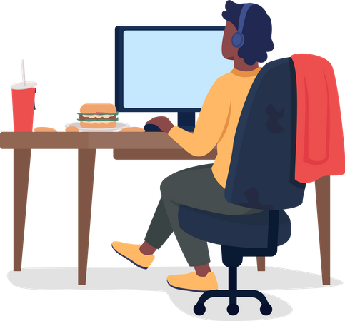 Man  Playing Game on Desk with Burger Illustration
