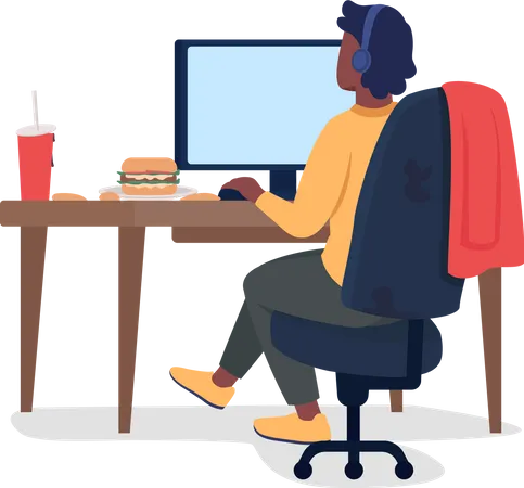 Man  Playing Game on Desk with Burger Illustration