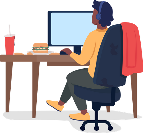 Man  Playing Game on Desk with Burger  Illustration