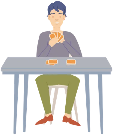 Man Playing Game With Cards In His Hands Vector Illustration Person Spends Time With Poker Alone Guy With Playcards Comes Up With Strategy For Game Player Thinks About Next Move With Cards イラスト