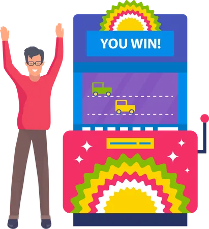 Game Machine Vector Isolated Character Playing Old Racing Cars Happy Player Victory Of Personage Taking First Place Driving Transports On Screen Illustration