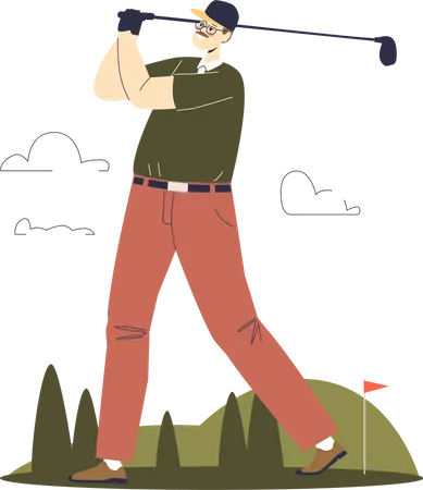 Male Player Training Play Golf With Club And Ball At Course Field With Green Glass Outdoor Sport And Hobby Activity Concept Cartoon Flat Vector Illustration Illustration