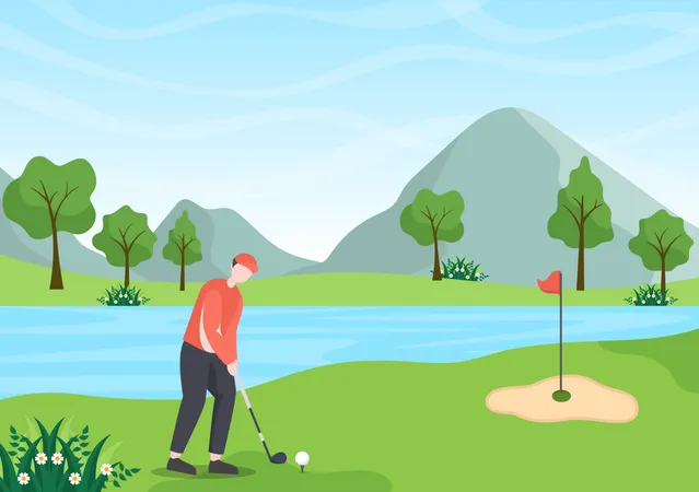 Playing Golf Sport With Flags Sand Ground Sand Bunker And Equipment On Outdoors Yard Green Plants In Flat Cartoon Background Illustration Illustration