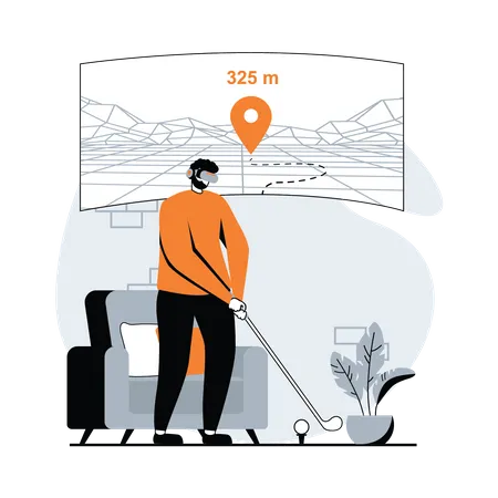 Man playing golf game using VR headset Illustration