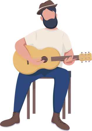 Man With Guitar Semi Flat Color Vector Character Sitting Figure Full Body Person On White Musician Performing Isolated Modern Cartoon Style Illustration For Graphic Design And Animation Illustration