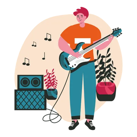 People Do Their Favorite Hobby Scene Concept Man Is Learning To Play Guitar Musician Performs Song With Guitar On Stage Creative People Activities Vector Illustration Of Characters In Flat Design Illustration