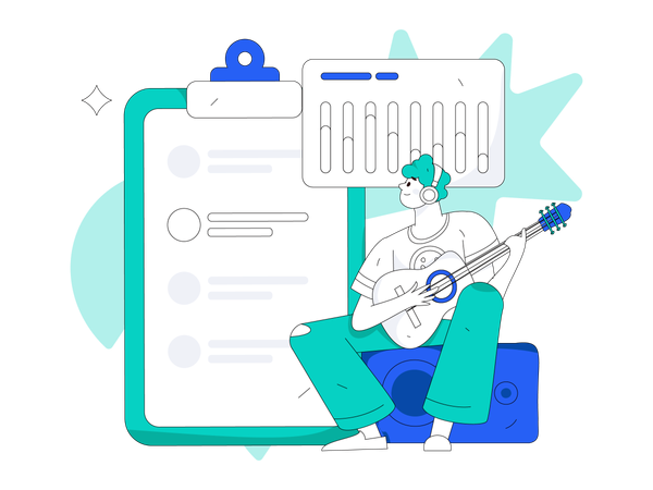 Man playing guitar and doing analysis  イラスト
