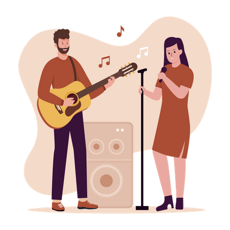 Man playing guitar and woman singing with microphone  Illustration