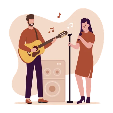 Man playing guitar and woman singing with microphone  Illustration
