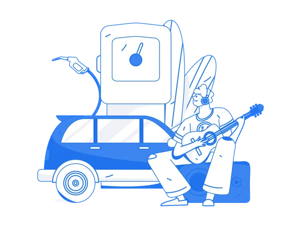 Man Playing guitar at fuel station  Illustration