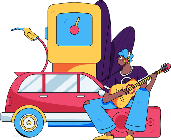 Man Playing guitar at fuel station  Illustration