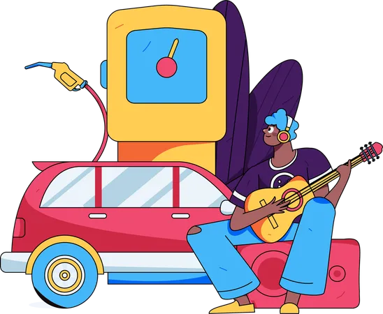 Man Playing guitar at fuel station  Illustration