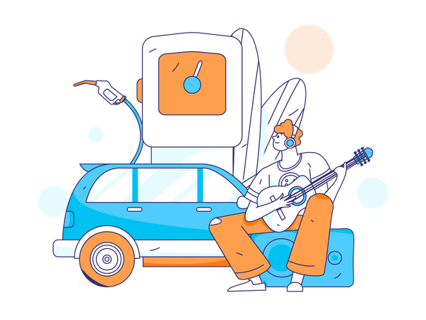 Man Playing guitar at fuel station  Illustration