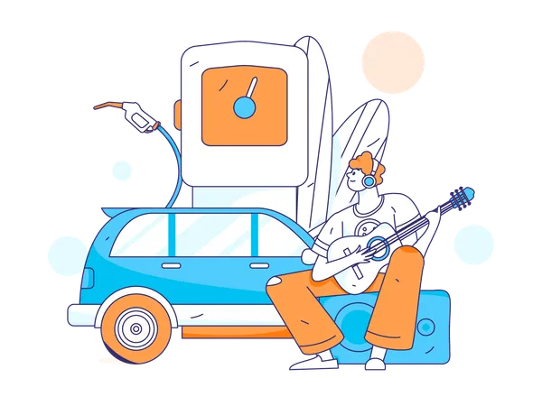 Man Playing guitar at fuel station  Illustration